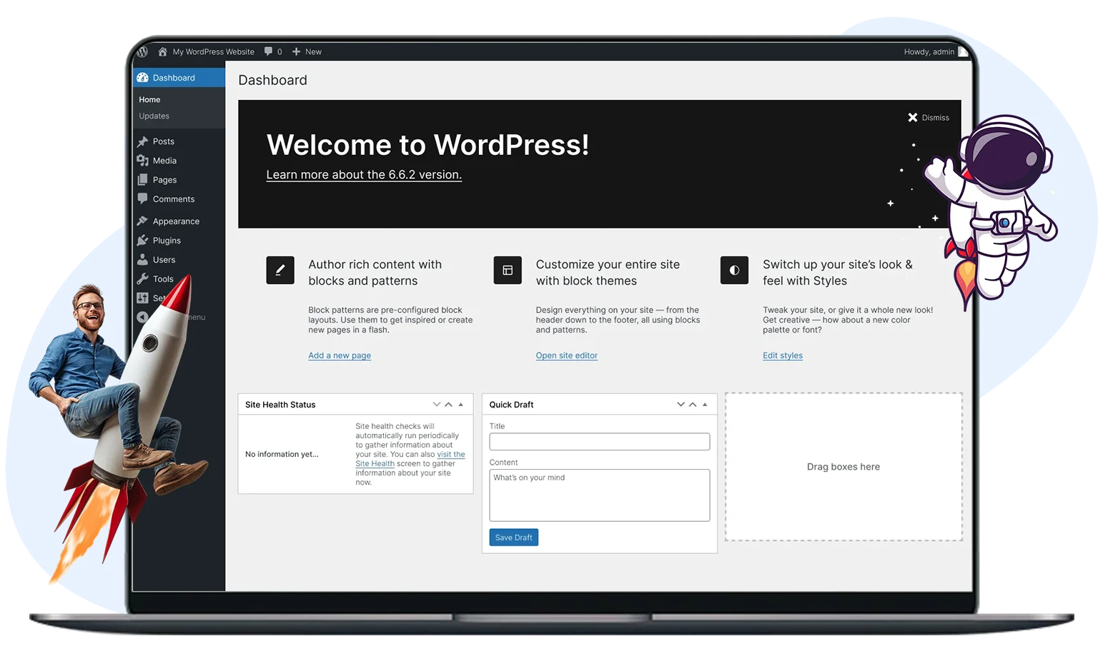 Wordpress-dashboard image with rocket