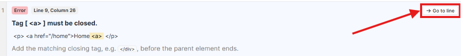 HTML validator error for an unclosed a tag on line 9, column 26, with the Go to line button highlighted